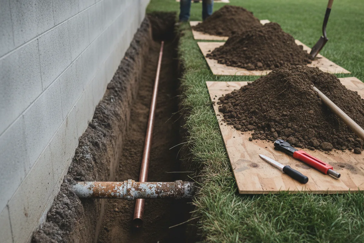 Excavated water line trench during Sewer Line Repair in Pilot